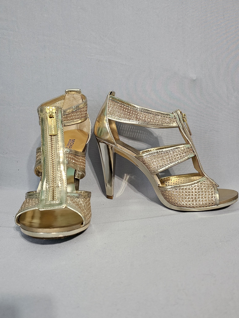 Michael Kors Gold Strappy Zip-Front High Heel Sandals